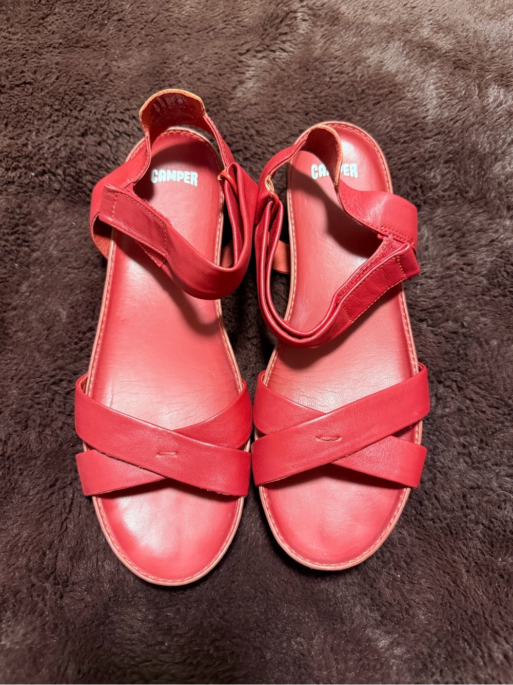 Camper Red Leather Cross-Strap Sandals with Ankle Strap
